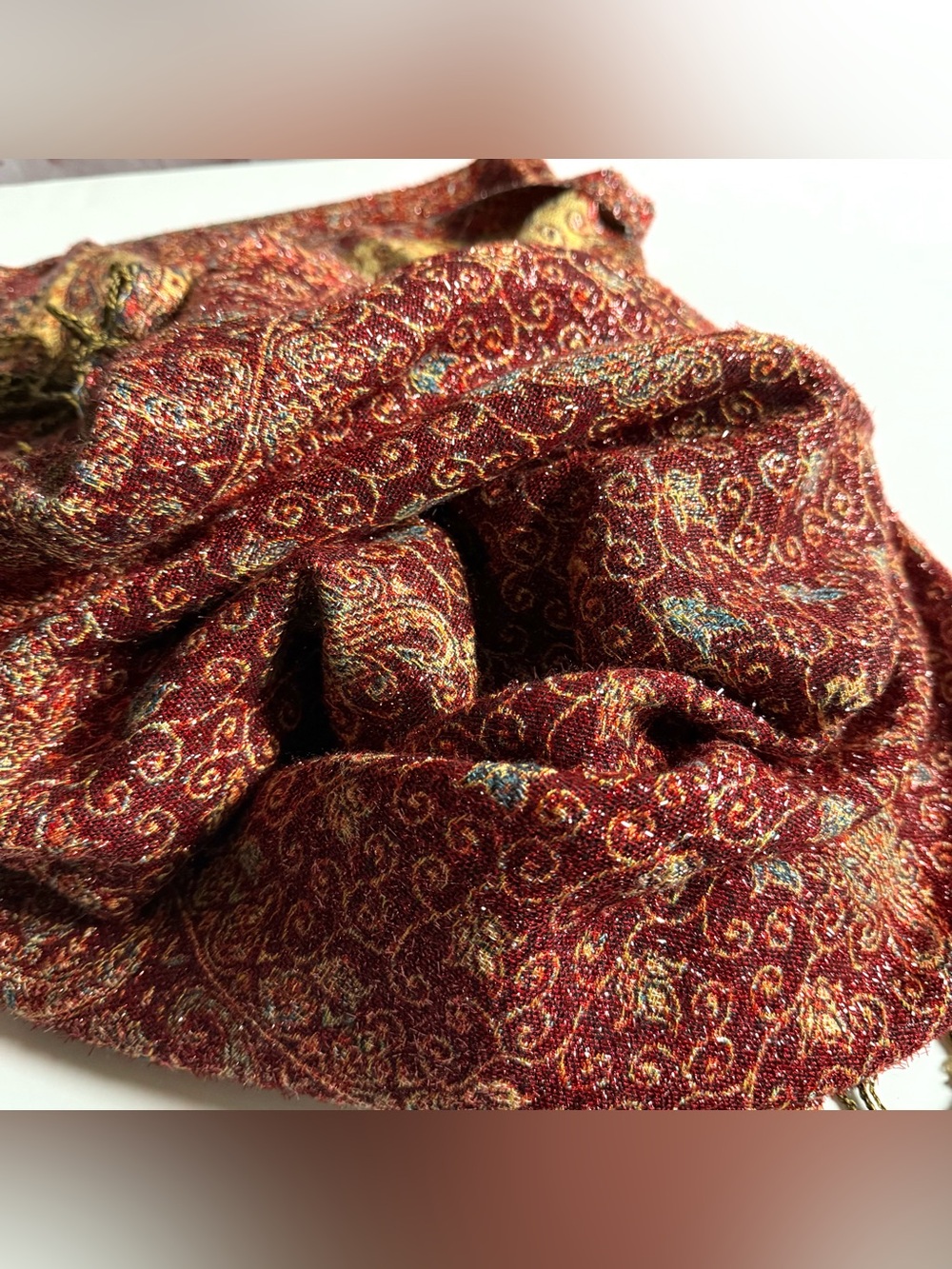 BINDYA 27” x 73” Metallic Thread Rust Gold Jaal Paisley
Reversible Shawl Wrap - Picture 15 of 16